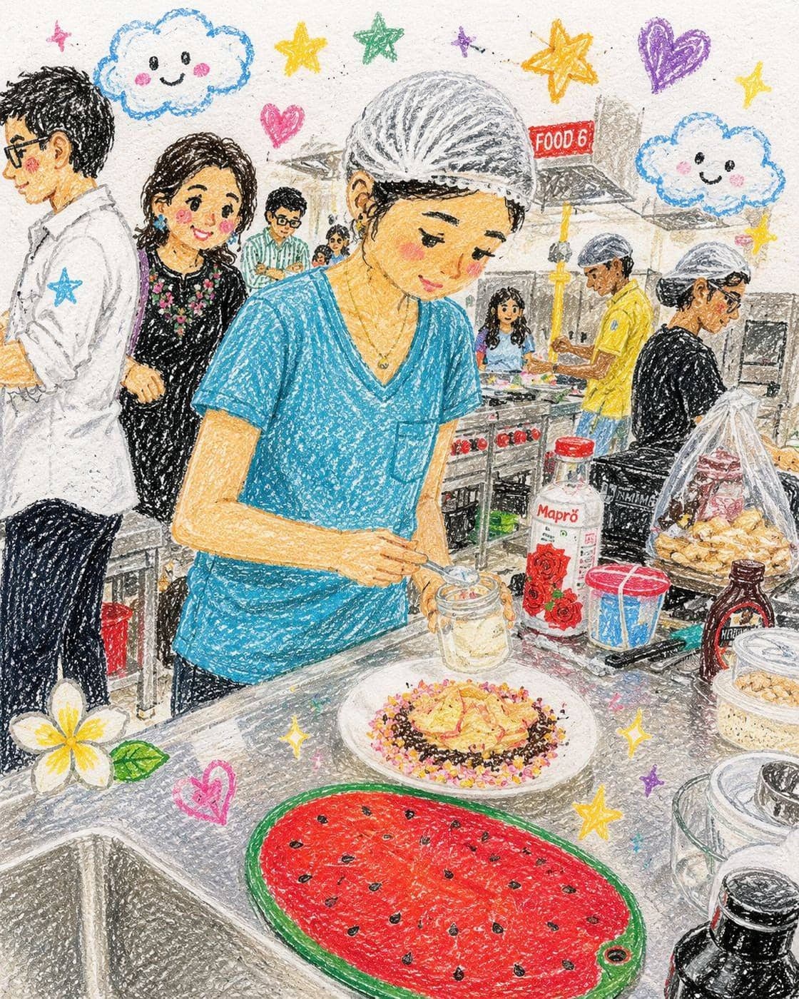 A crayon drawing of Keya plating her dessert at Masterplate